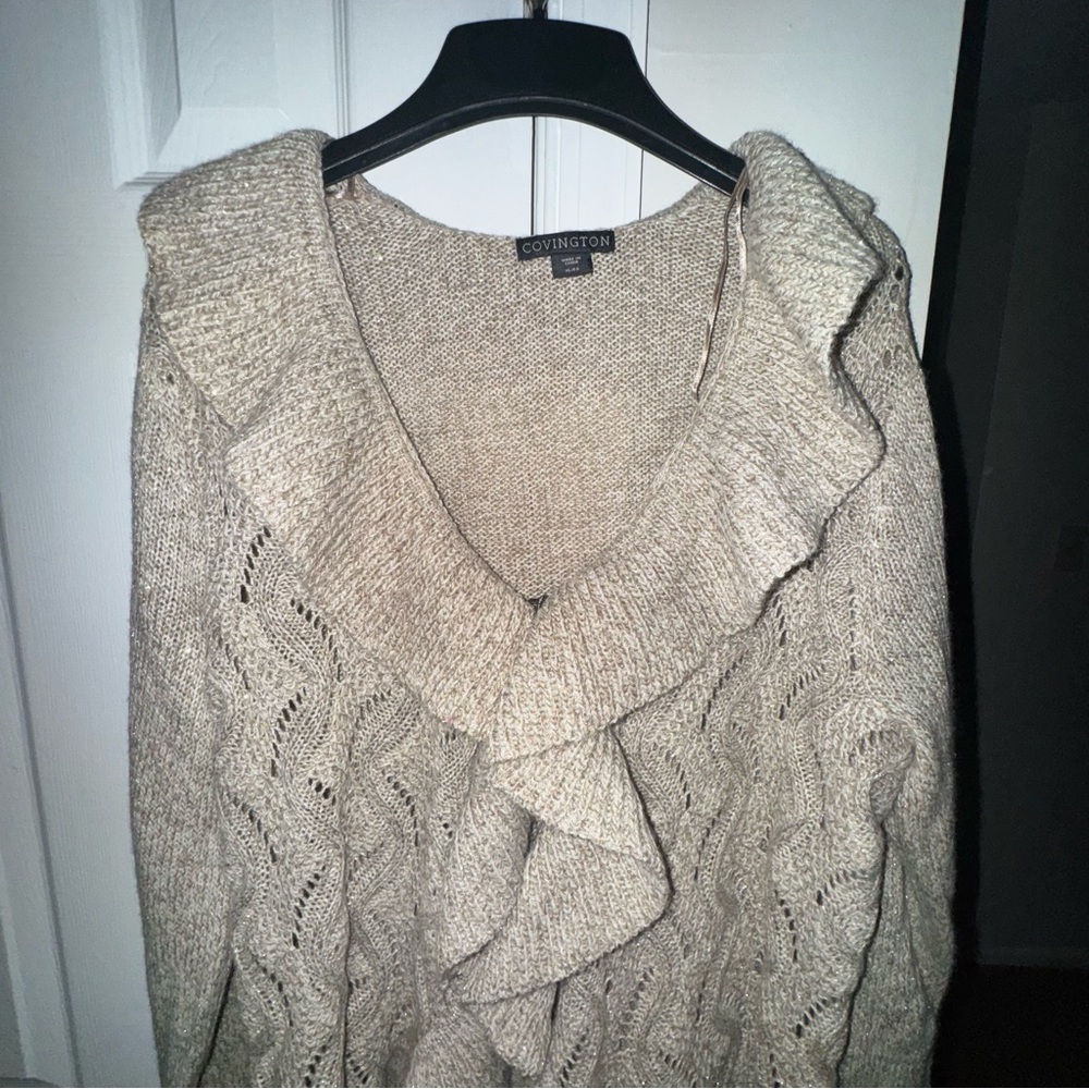Covington Women's XL Open Front Ruffle Cardigan Oatmeal Beige Metallic Knit - Picture 10 of 15